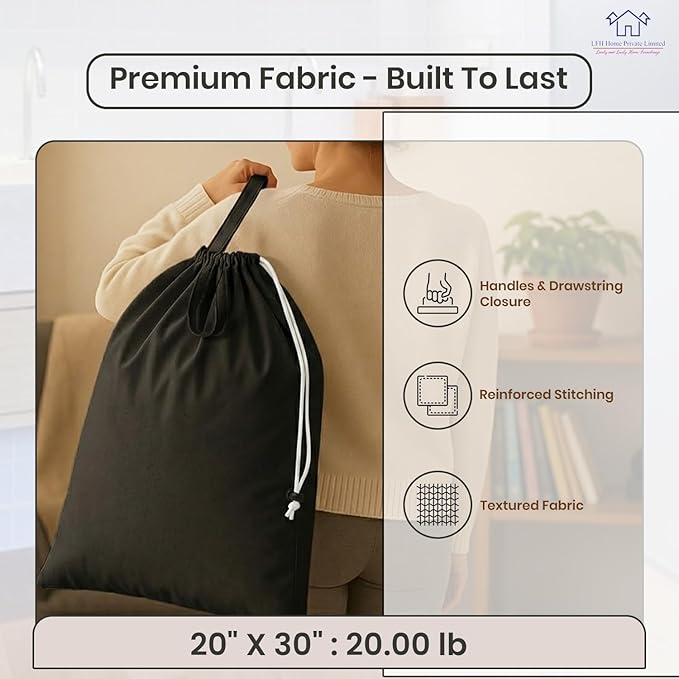 LFH Home Large Premium Cotton Canvas Laundry Bag with Drawstring and Handles Heavy Duty, Multi-Use, and Washable for Home, Travel, College or Storage 20x30 (Pack of 2)-Black