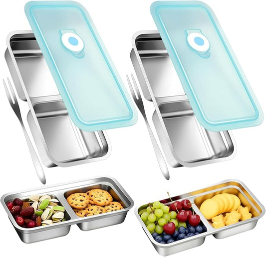 vovoyager Stainless Steel Snack Containers with Lids, Reusable Bento Lunch Container Box, Food Storage, Leak Proof, Dishwasher-Safe, Grab and Go for Work, 2 Pack-Double Compartment
