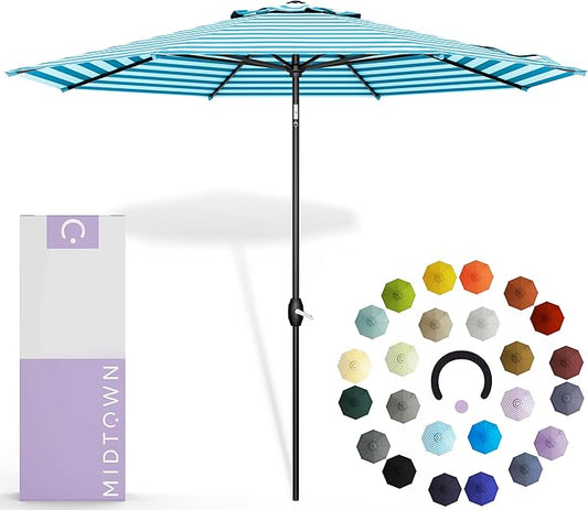 Midtown Umbrellas The Lean 6 Feet Outdoor Umbrella With Terylast Cobalt Stripes (Blue/White Stripes) Polyester Fabric - Auto-Tilt Aluminum Frame Patio Umbrella For Deck, Garden, Pool - Black Pole