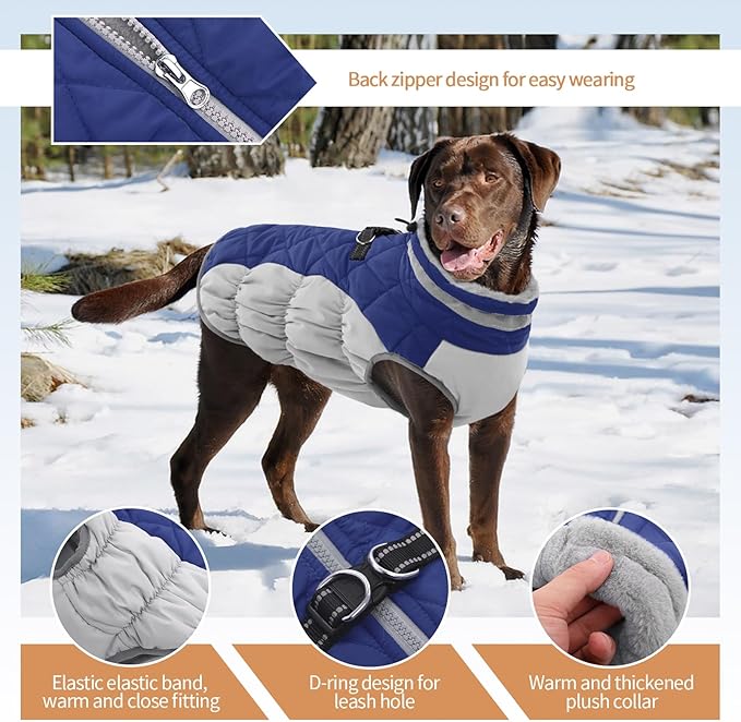 OUOBOB Dog Jackets for Medium Dogs,Medium Dog Coat,Warm Pet Winter Coat Zip Up Back,Waterproof Dogs Jacket with D-Ring,Pet Cold Weather Coats with Fleece Lined, Snowsuit Pug Boston Terrier,Blue,M