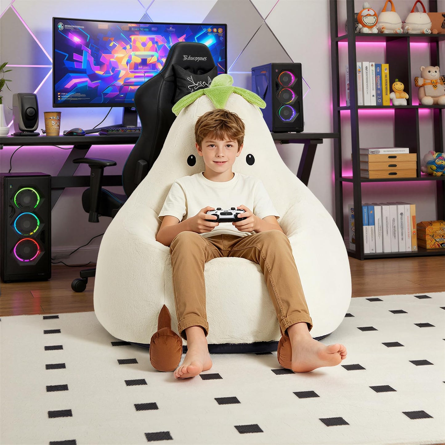 2.5FT Memory Foam Bean Bag Chair - Ultra Soft Faux Rabbit Fur Round Sofa with Handle & Machine Washable Cover, Comfy Lazy Chair for Kids Teens, Perfect for Reading Gaming in Living Room Bedroom，Beige