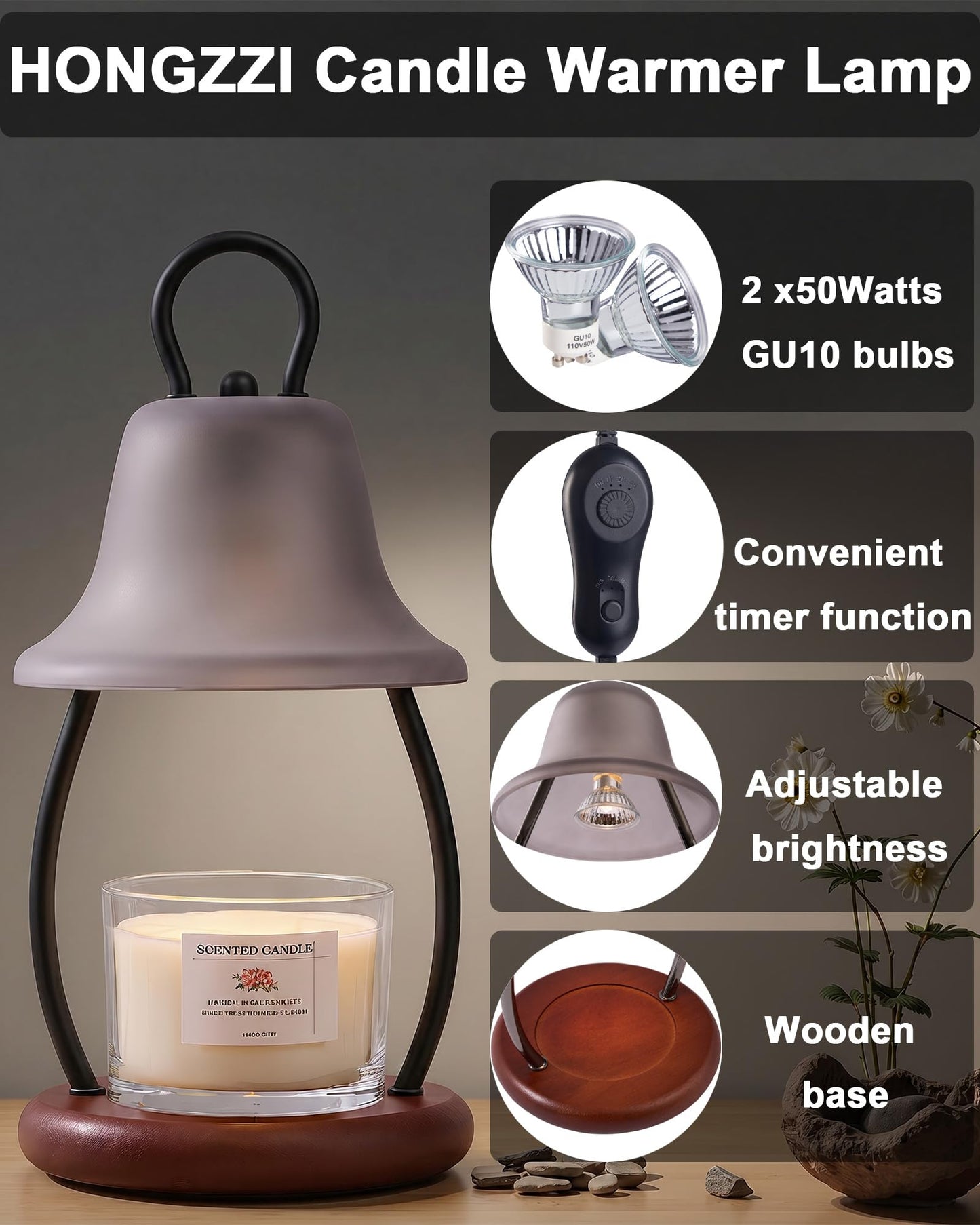 HONGZZI Candle Warmer Lamp with Timer - Adjustable Brightness & Glass Shade - Wooden Base with 2 Bulbs Included (Black)