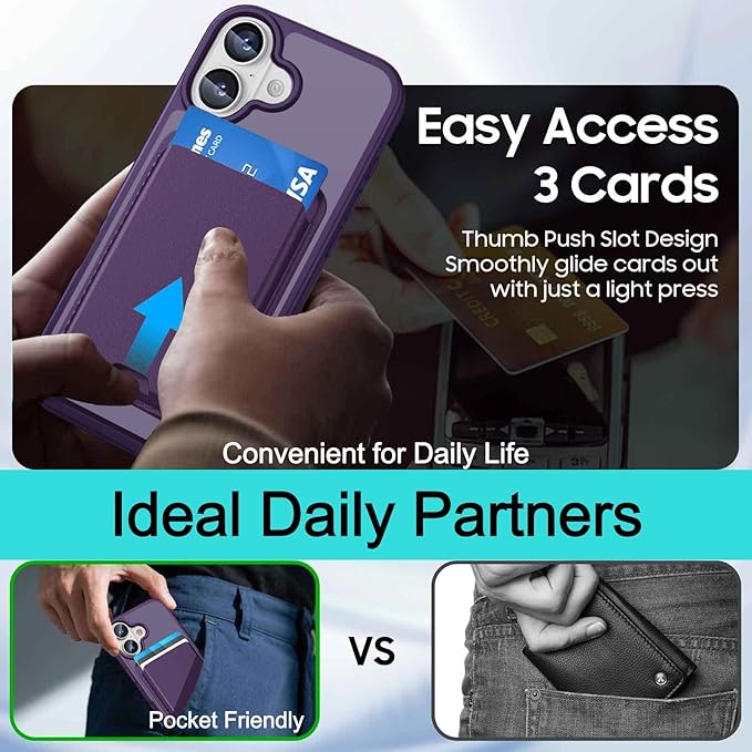 Ntwinro Magnetic for iPhone 16 Case (Compatible with MagSafe) with Detachable Wallet & Card Holder for 3 Cards [RFID Blocking] Military Grade Protective Slim Phone Cover, Purple