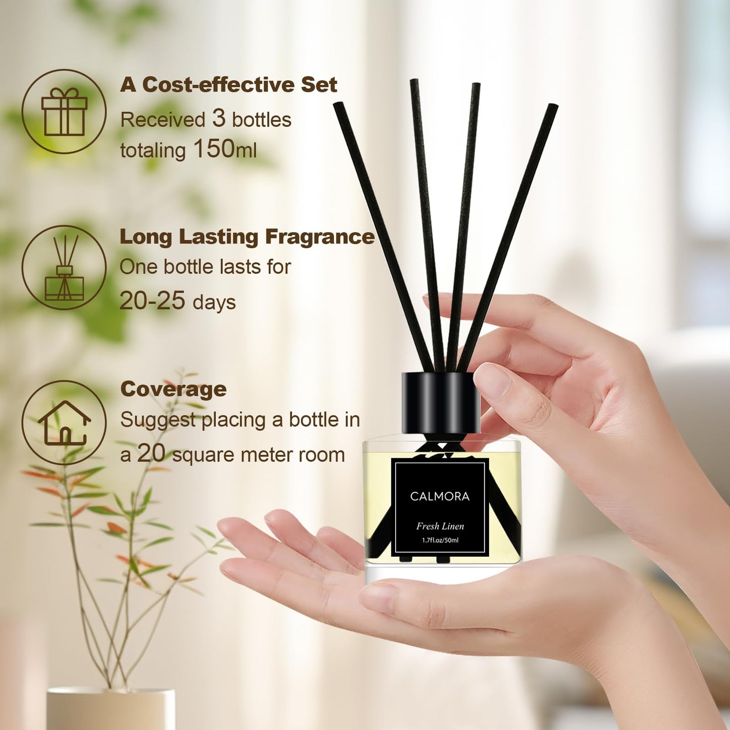 CALMORA Reed Diffuser Set of 3, 50ml Fresh Linen/Eucalyptus & Mint/Ocean Scented Oil Diffuser with 15 Sticks | Home Fragrance for Bedroom, Bathroom, Office & Living Room