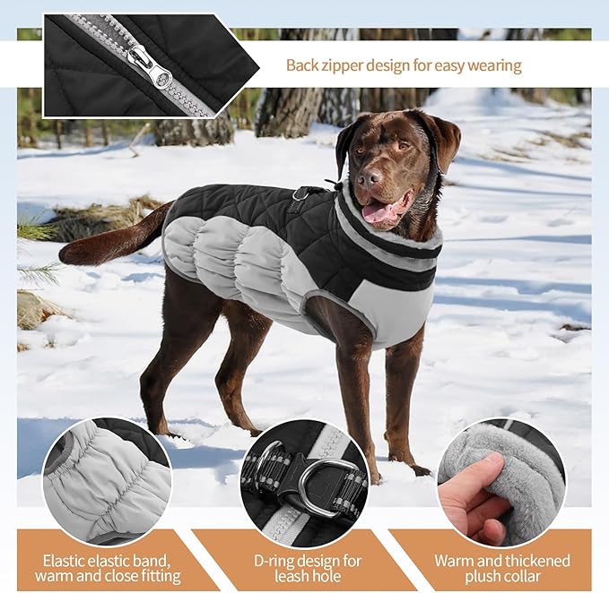 OUOBOB Winter Dog Coat,Large Dog Jacket,Waterproof Pet Jacket with Back Zipper,Pet Coat with Harness Built in,Warm Dogs Coat with Fleece Lined,Snow Jacket Clothes French Bulldog Shiba Inu,Black,L