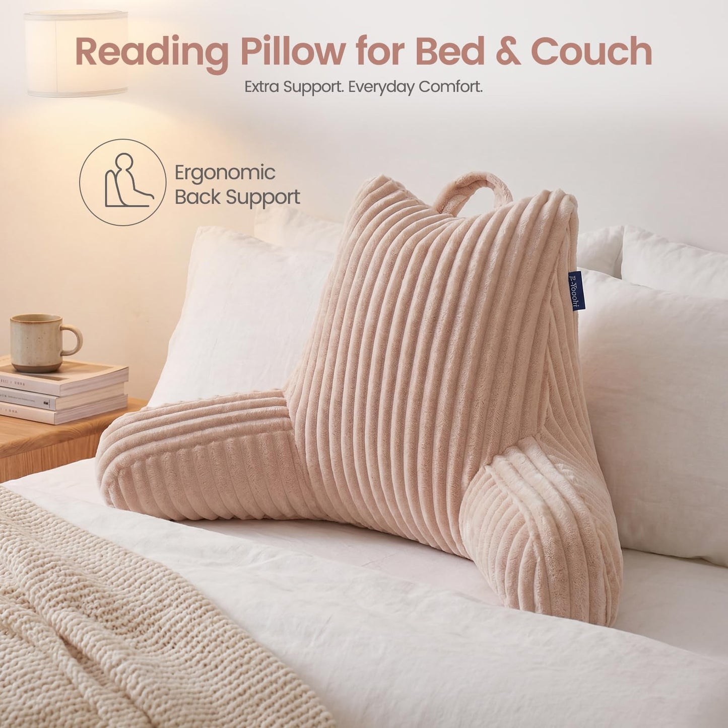 E-Yoochi Reading Pillow for Sitting up in Bed, Adjustable Memory Foam Bed Rest Pillow, Wide-wale Plush Cover Machine Washable, Neck Back and Lumbar Support Pillow-Pink