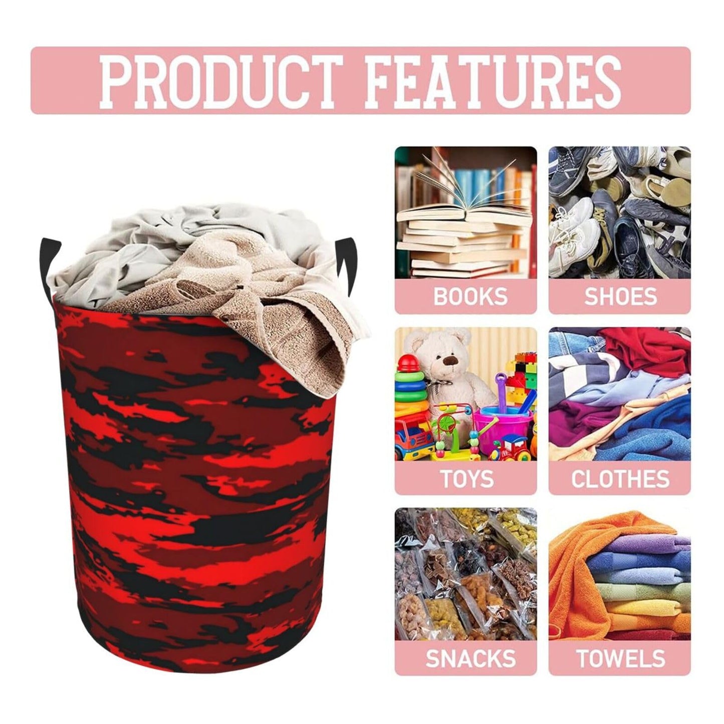 Gbuzozie Black And Red Camouflage Round Laundry Hamper Military Camo Storage Basket Toys Clothes Organizer Bin For Home Bathroom Bedroom Dorm Nursery, 62l
