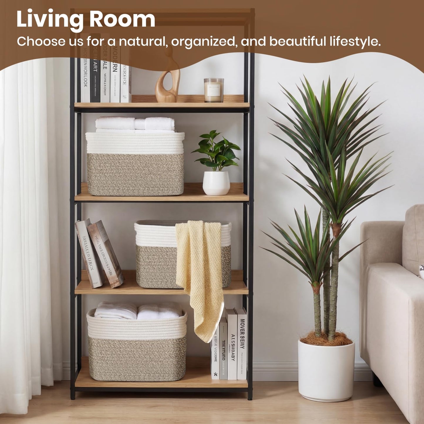 Storage Baskets for Organizing, 14 x 10 x 9” Closet Shelf Woven Baskets, Square Bins with Handles, Cotton Rope Basket for Clothes, Office, Room, White+Rice Brown 1 Pack