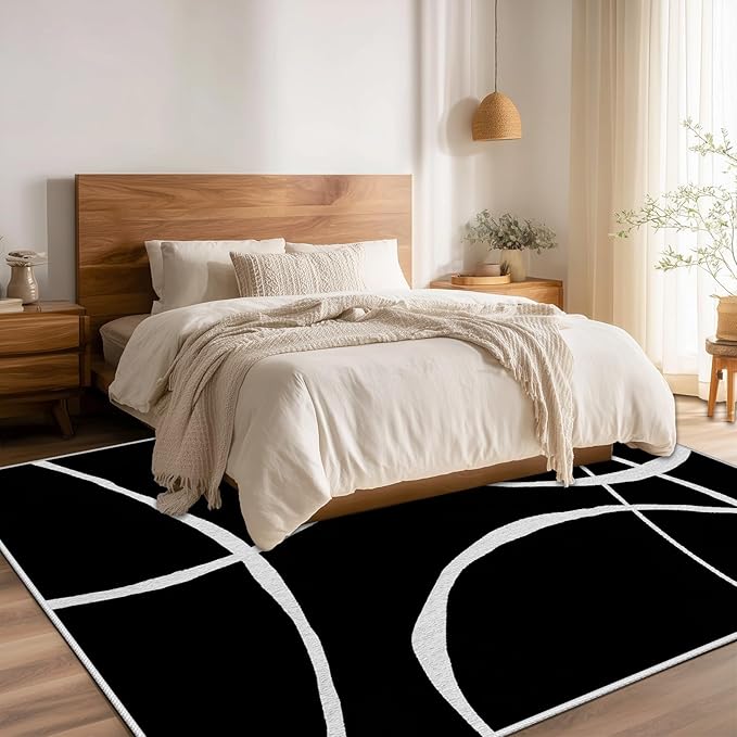 Black and White Rugs, Abstract Rug, Modern Minimalist Rug, Curved Line Design Carpet, Black and White Abstract Rugs Washable Non Slip Home Decor 6x8