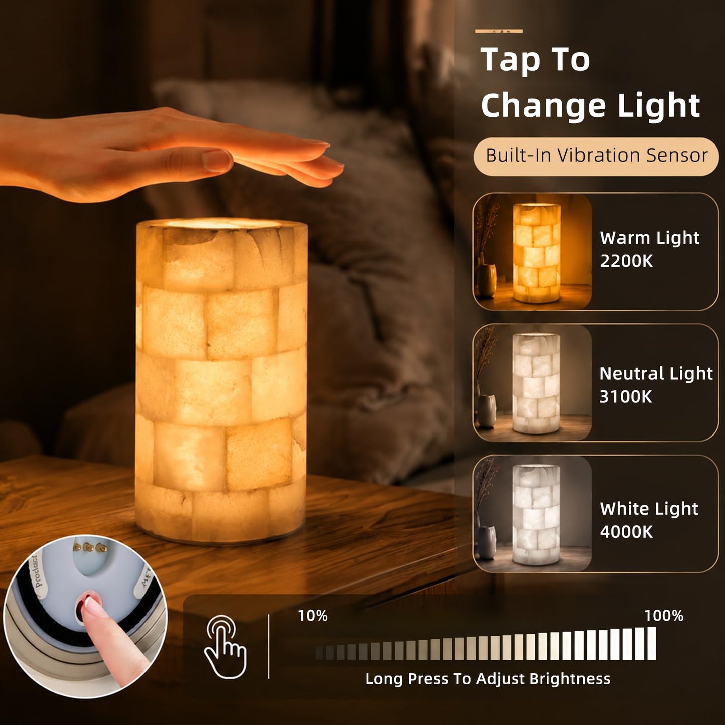ylinksee Marble Touch Lamp, Rechargeable Alabaster Table Lamp, Cordless Night Light, Battery Operated Bedside Light for Nightstand, Living Room, Bedroom, Restaurant & Bar, 3-Way Dimmable LED, 2600mAH