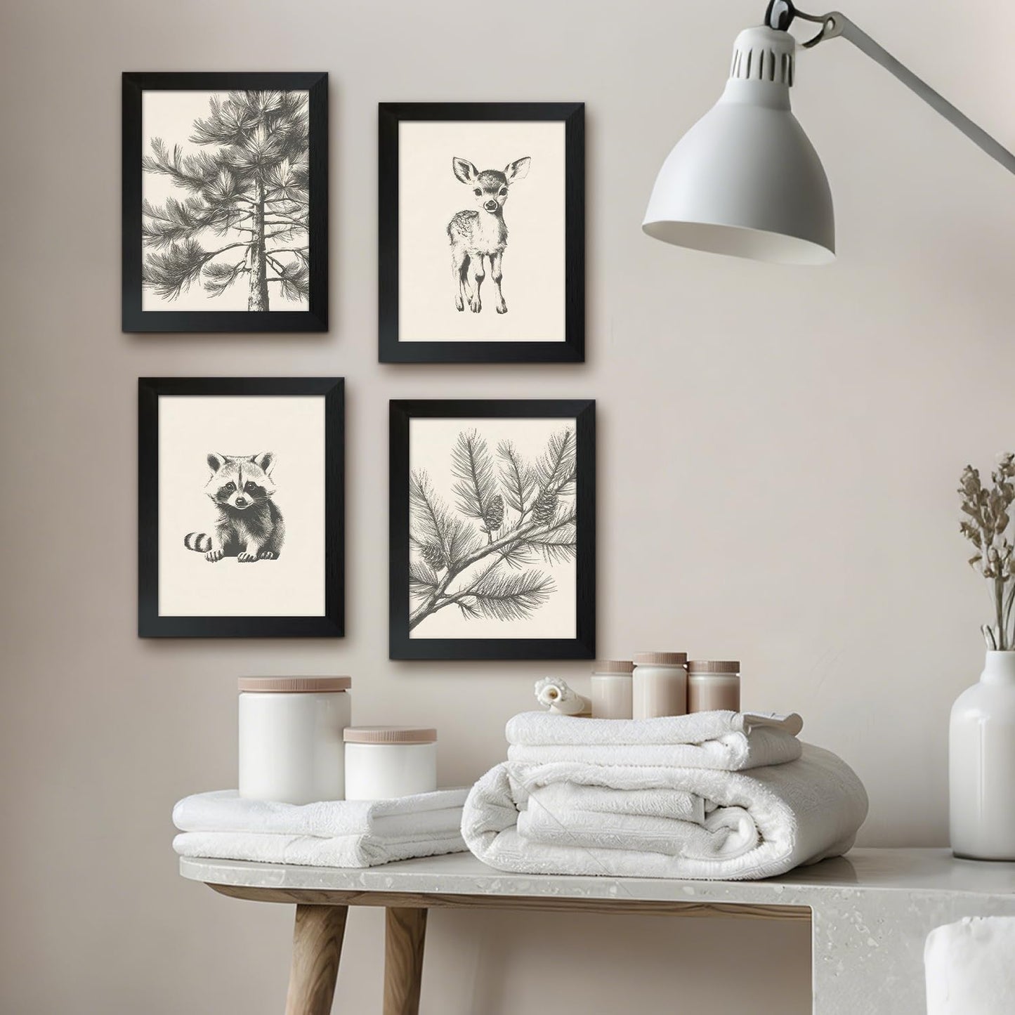 4Pcs Framed Wall Art Set Forest Animal Sketches on Canvas Nature Inspired Gallery Grade Artwork Ideal for Living Rooms Bedrooms and Children's Rooms 8x10 Ready to Hang