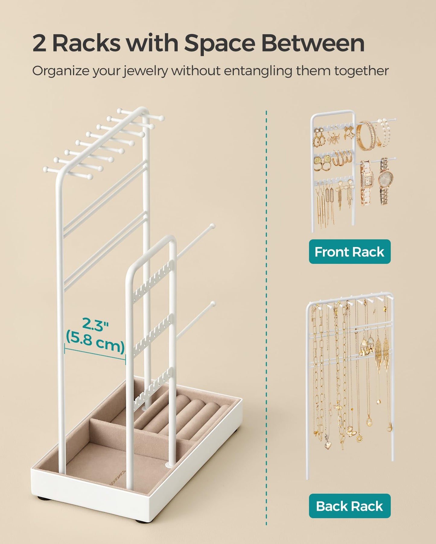 SONGMICS Necklace Holder, Jewelry Stand Holder Organizer, Jewelry Display with Metal Frame, Velvet Tray, Earring Bracelet Holder, for Gift Idea, 4.5 x 7.7 x 12.1 inch, Matte White UJJS021W01