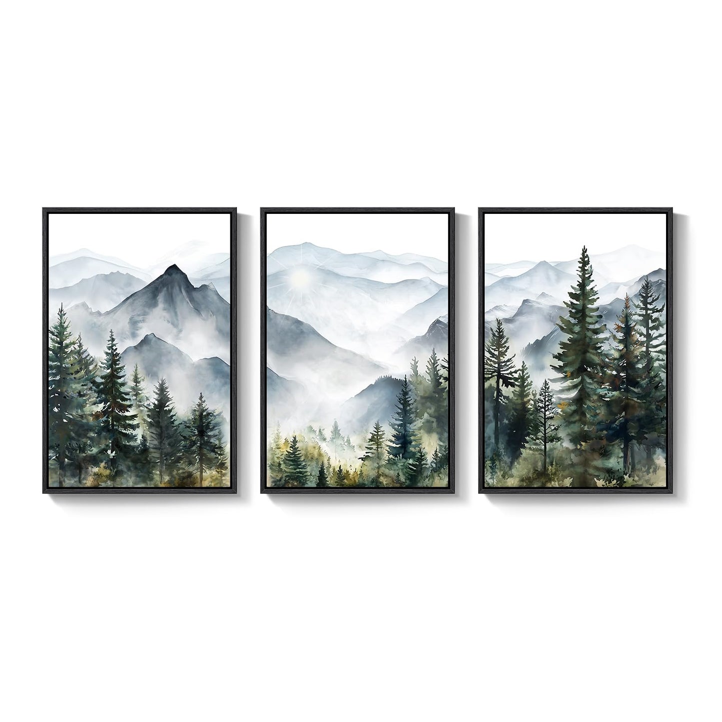 Framed Mountain Landscape Wall Art Bedroom, 3 Piece Nature Foggy Forest Canvas Print Artwork for Walls, Scenic Pine Tree Paintings Pictures Wall Art Decor for Living Room Hallway, 16x24 Inch