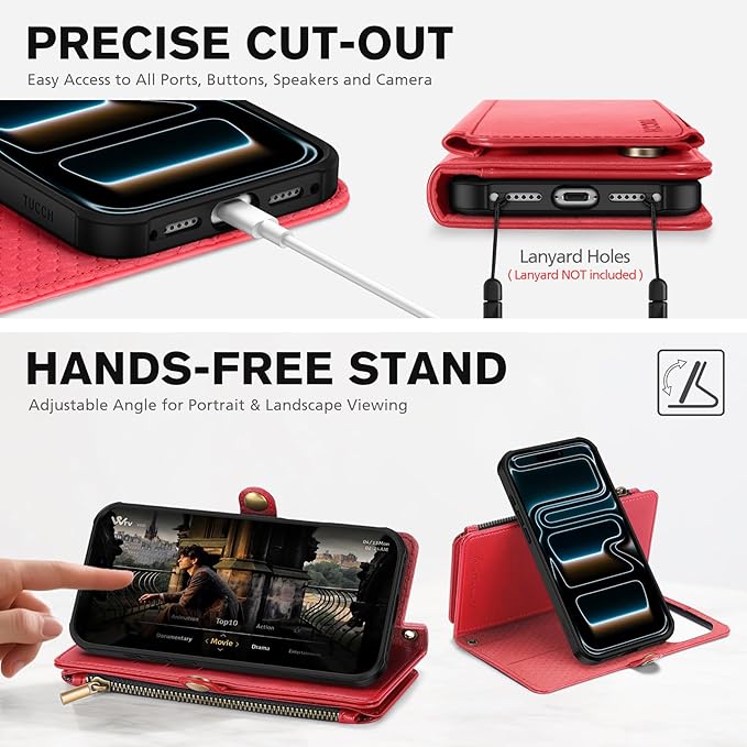 TUCCH Detachable Crossbody Wallet Case for iPhone 17 Pro Max 6.9", 10 Card Slots RFID Blocking | Stand | Lanyard Wrist Strap | Wireless Charging | Zipper Pocket | PU Leather Magnetic Cover | Red