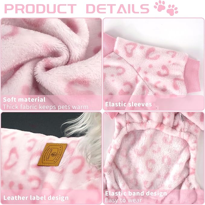 XPUDAC Dog Sweater Leopard Fleece Dog Pajamas for Small Medium Dogs Girl Soft Warm Pet Winter Clothes for Winter Christmas(Pink, Medium)