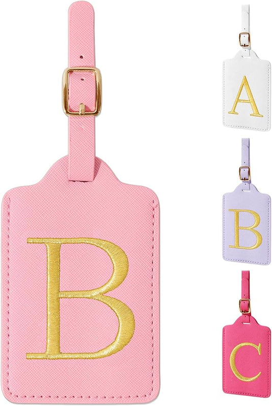 Personalized Initial Luggage Tags for Suitcase, Pink Leather Cute Luggage Tags with Privacy Cover Name Card, Embroidered Custom Monogrammed Luggage Tag Travel Bag Baggage Tags Gifts for Women Kids(B)