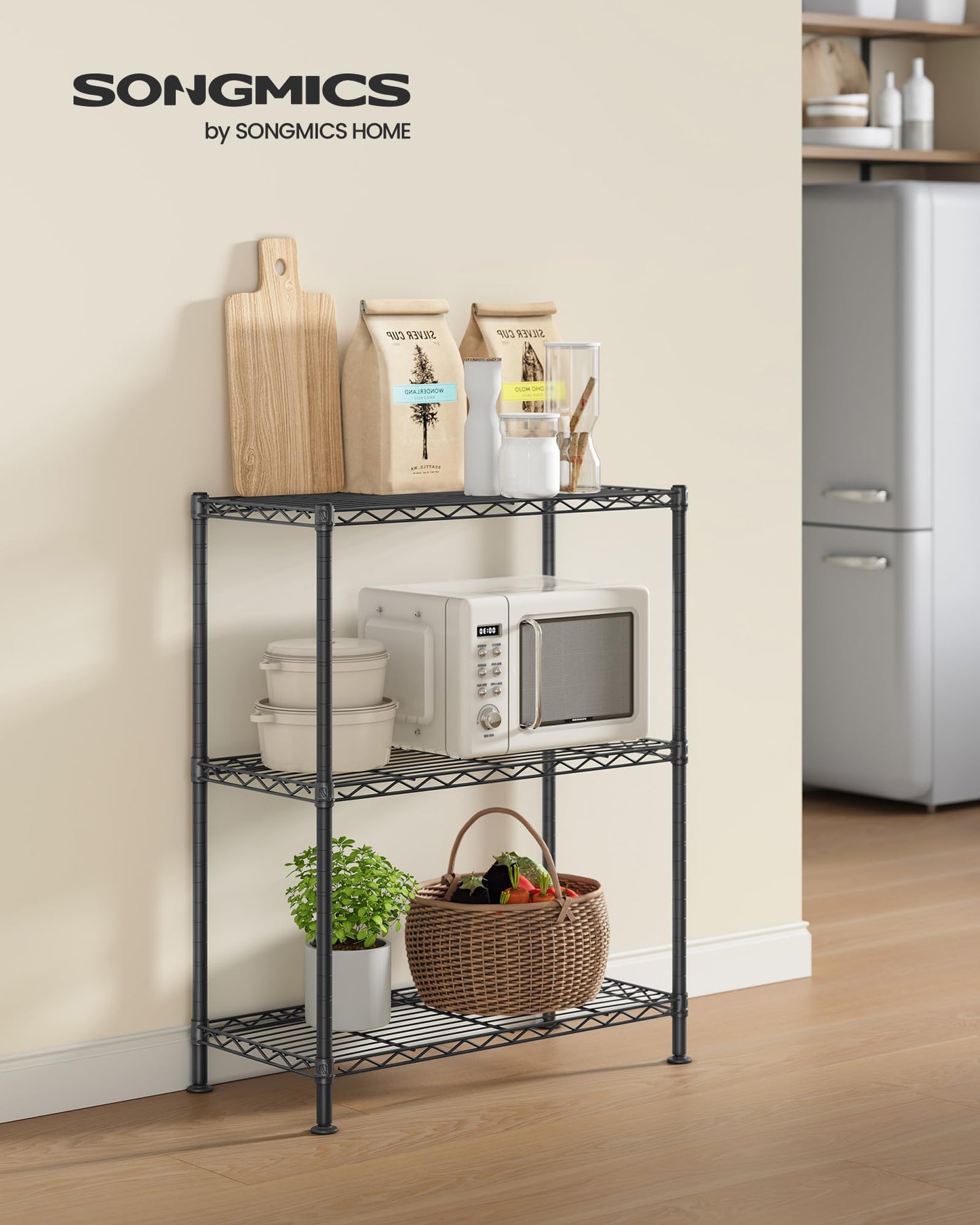 SONGMICS Storage Shelf, Metal Wire Shelving Unit, Adjustable Shelves, for Garage, Bedroom, Living Room, Kitchen, Pantry, 3 Tier, 11.8 x 23.6 x 30 Inches, Ink Black ULGR163BH01S