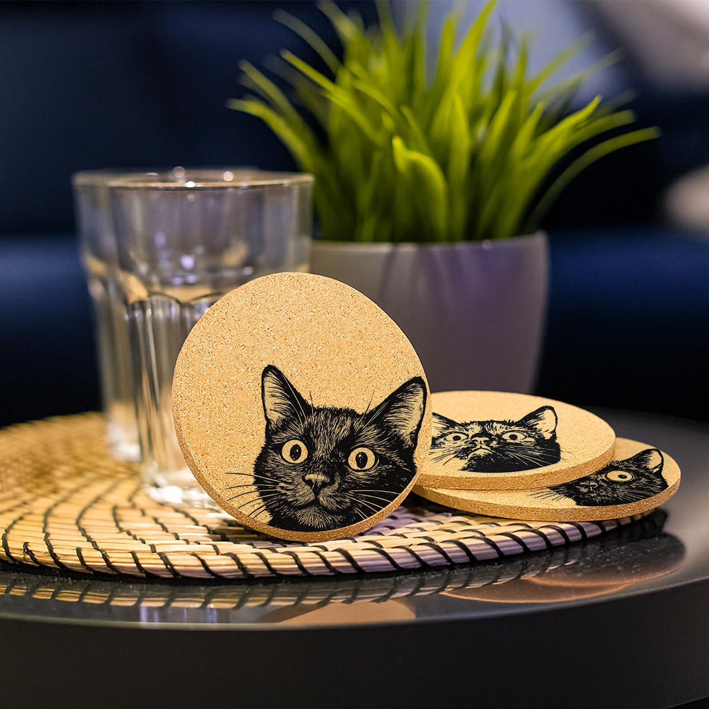 Cegkuc Coasters for Drinks with Holder Set of 6, Curious Cat Cork Coaster Absorbent for Office Desk Cat Table Coasters Kitchen Decor House Warming Gifts for New Home Couples, Round 4"