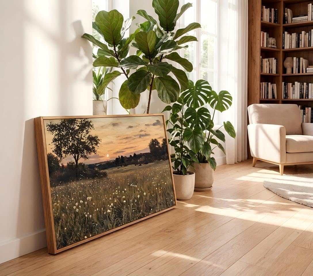 Framed Vintage Farmhouse Canvas Wall Art Rustic Wildflower Field Landscape Painting Retro Country Sunset Prints Vintage Moody Landscape Prints Artwork for Living Room Bedroom Bathroom 16x24
