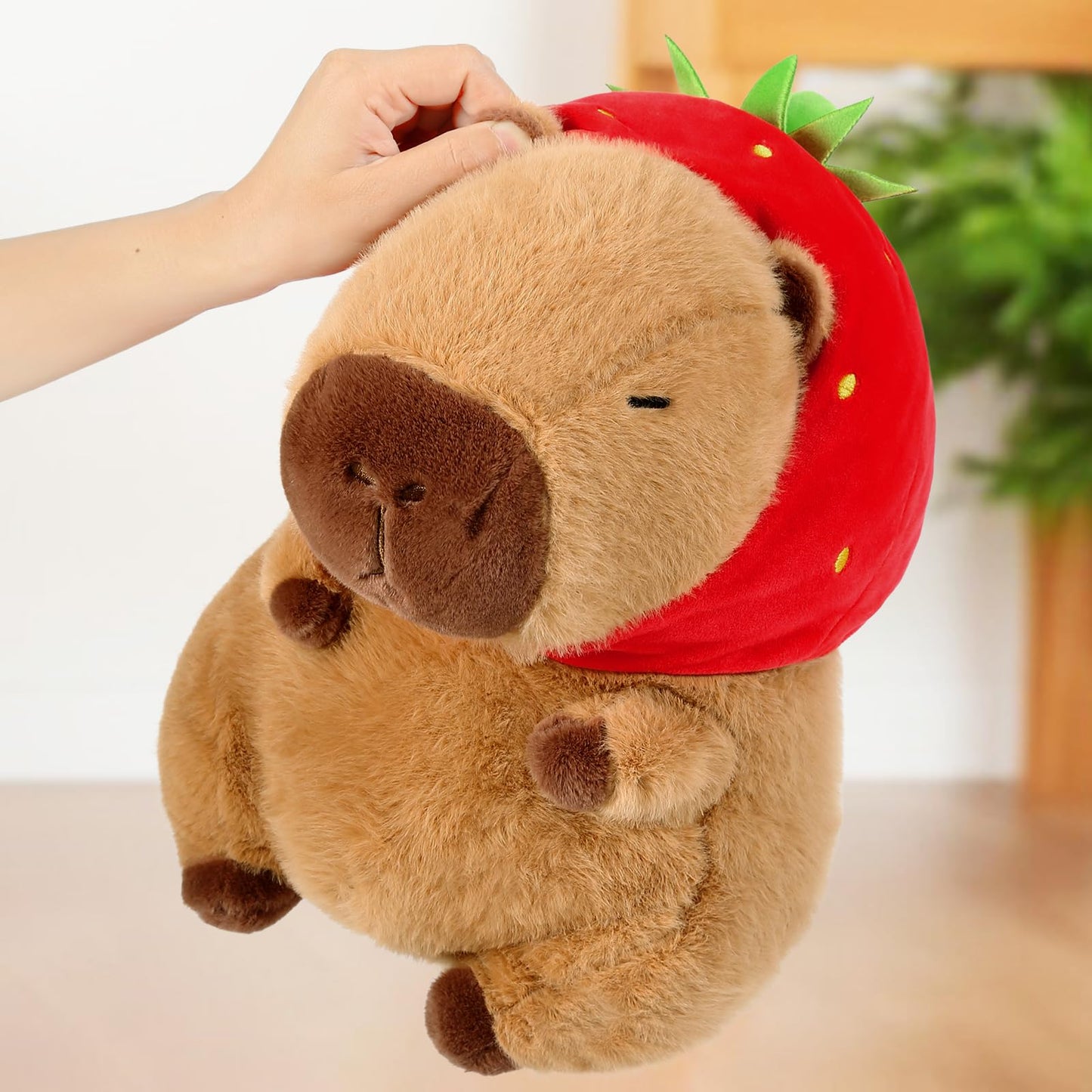 Ditucu Cute Capybara Plush Wear Strawberry Hat Soft Capibara Stuffed Animal Plushies Toys Hugging Gifts for Kids Brown 9 inch