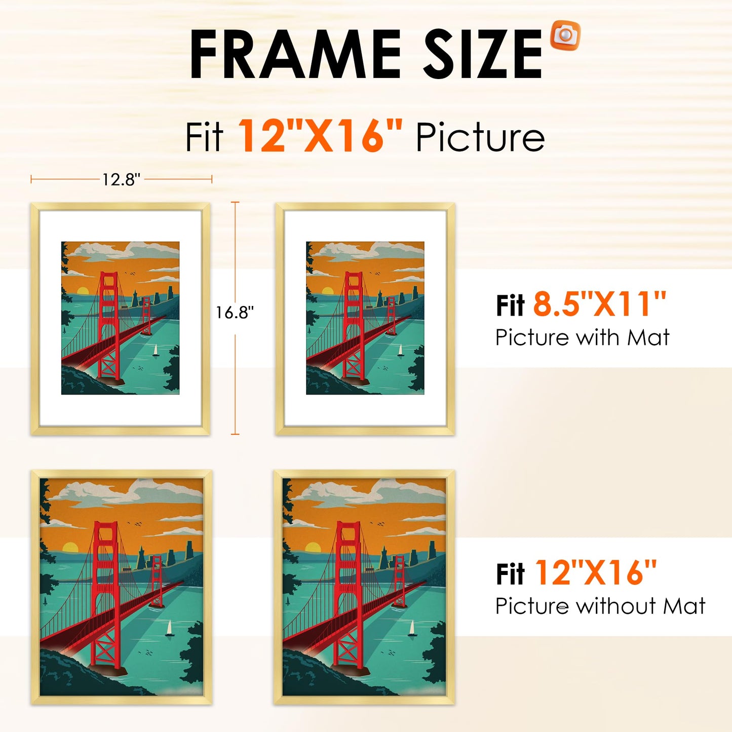 FIXSMITH 12x16 Picture Frame Gold Set of 4, Photo Frame with HD Plexiglass, Display Pictures 8.5x11 with Mat or 11x17 Without Mat, Gold Picture Frames Collage Wall Decor, Gallary Wall Frame