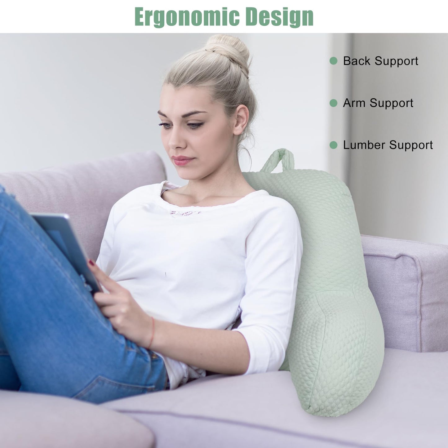 xffzroom Reading Pillow, Ice Silk Bean Back Support Pillow for Bed Sitting Up, Large Bed Rest Pillow with Arms for Adults,Back Support for Couch and Chair, Green