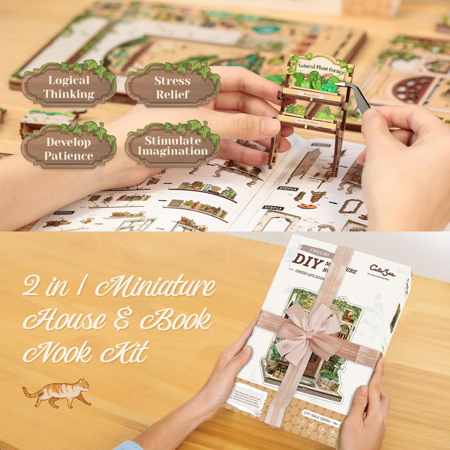 CUTEBEE Book Nook Kit - DIY Miniature House Dollhouse Kit for Adults and Teens, Booknook Tiny House Bookshelf Decor 3D Wooden Puzzle, Gifts for Family Friends (Green Life Bookshop)