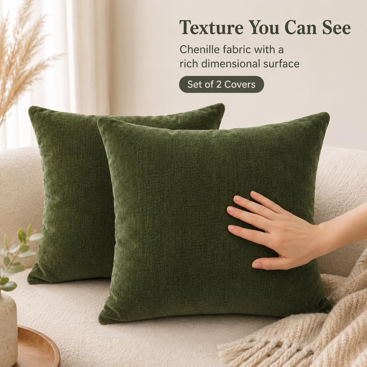 JoraLion Chenille Throw Pillow Covers 24x24 inch, Moss Green Spring Decorative Pillow Covers, Farmhouse Solid Soft Chenille Cushion Case for Couch Sofa Bed Living Room, Pack of 2(Cover ONLY)