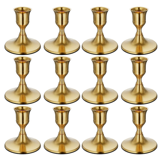zeochyni 12 PCS Brass Gold Taper Candle Holders Bulk, Vintage Metal Candlestick Holders Set for Dinner Room Table Centerpiece or Mantel Wedding Party Decor