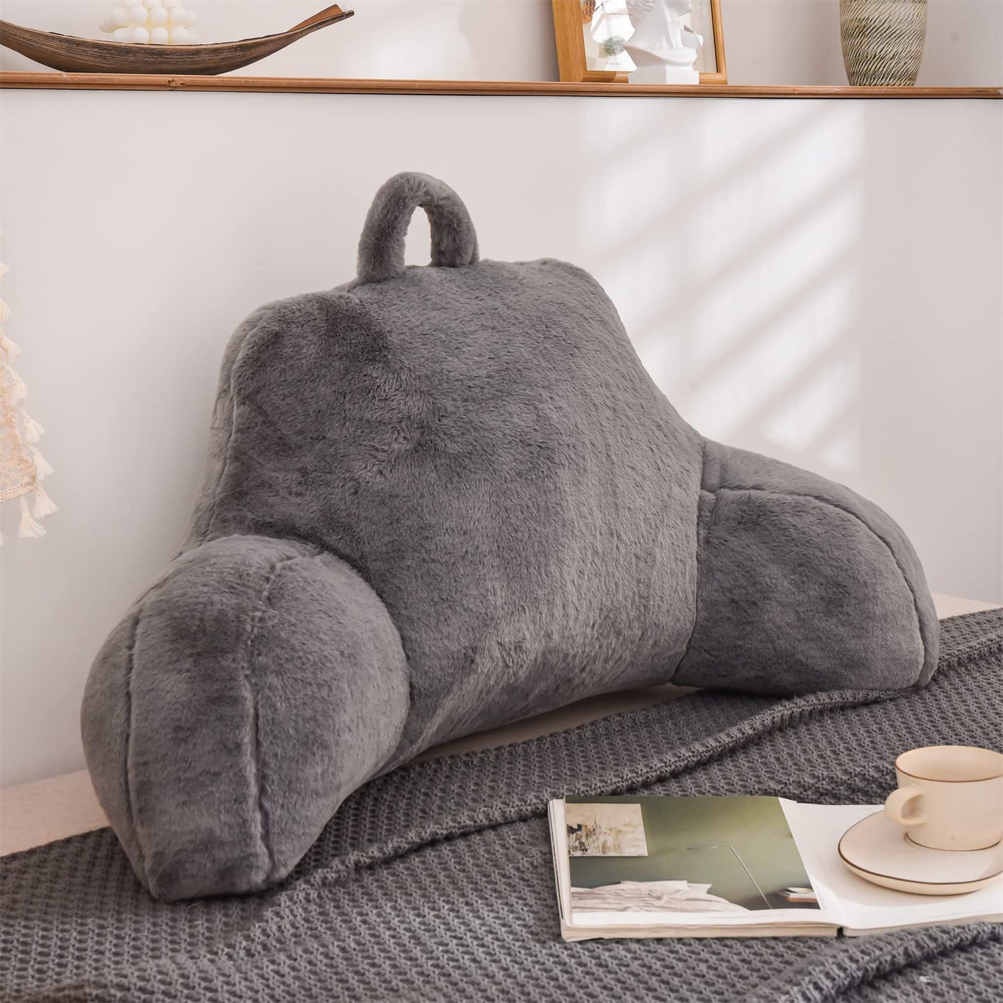 A Nice Night Faux Fur Reading Pillow Bed Wedge Large Adult Children Backrest with Arms Back Support for Sitting Up in Bed / Couch for Bedrest,Gray (Standard)