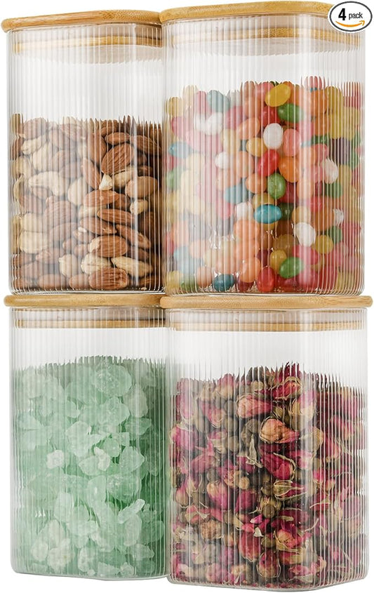 D2scrma 37oz Airtight Glass Square Storage Canisters with Bamboo Lids Set of 4 (1100ml) Striped Stackable Containers, Decorative Kitchen Jars for Tea, Nuts and Coffee (‎with Black Lable)