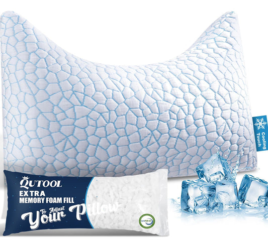 QUTOOL Side Sleeper Pillow for Adults, Adjustable Crescent Pillow with Shredded Memory Foam, Double-Sided Cooling Cover, Curved Bed Pillow for Neck and Shoulder Support, Extra 200g Fill, Queen 1 Pack