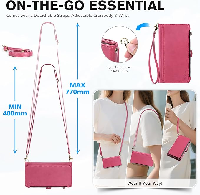 TUCCH Detachable Crossbody Case Wallet for iPhone 17 Pro 6.3", Wireless Charging | RFID Blocking 9 Card Holders | Lanyard | Wrist Strap | Stand | Zipper Pocket | PU Leather | Magnetic Cover | Hot Pink