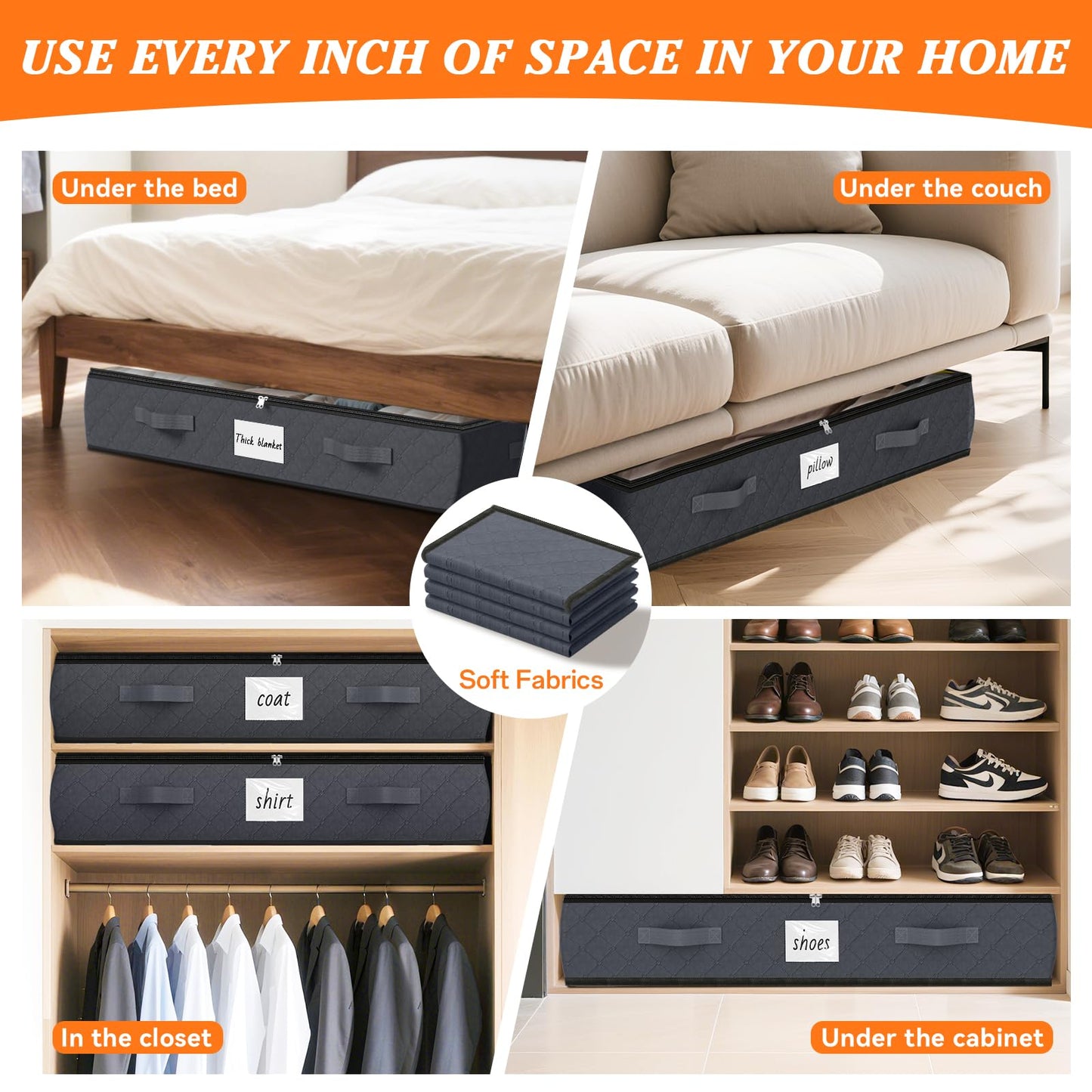 SpaceWhisper 90L Under Bed Storage Containers, 4-Pack Storage Bins with Clear Top, Foldable Closet Organizers and Storage with Label Holder for Clothing, Blankets, Comforter & Pillows (Grey)