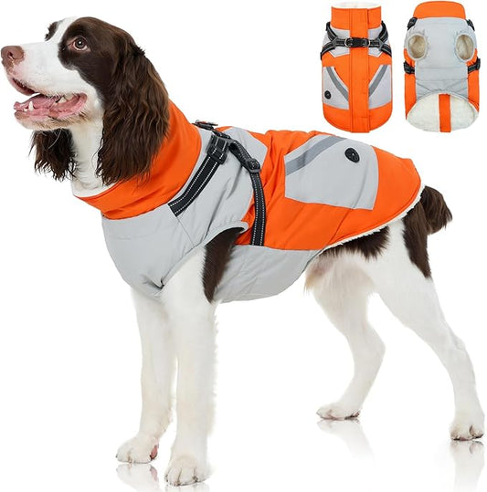 FUAMEY Dog Winter Jackets for Large Dogs,Dog Coat with Harness Built in,Waterproof Dogs Snowsuits Warm Pet Jacket Zip Up Fleece Cold Weather Coats Reflective Safety Pets Hunting Vest Orange L