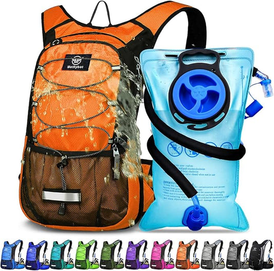 Mothybot Insulated Hydration Backpack Pack with 3L BPA Free Leak Proof Water Bladder, Large Storage Lightweight Hiking Daypack with Waist Pouches & Cooler Layer, for Running, Biking, Camping, Festival