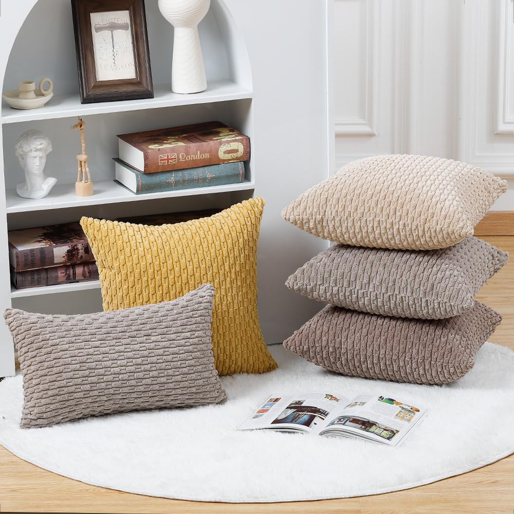 MADIZZ Pack of 2 Corduroy Decorative Euro Sham Pillow Covers 26x26 Inch Taupe Soft Boho Striped Couch Throw Pillows for Bed Pillowcases for Sofa Livingroom Home Decor