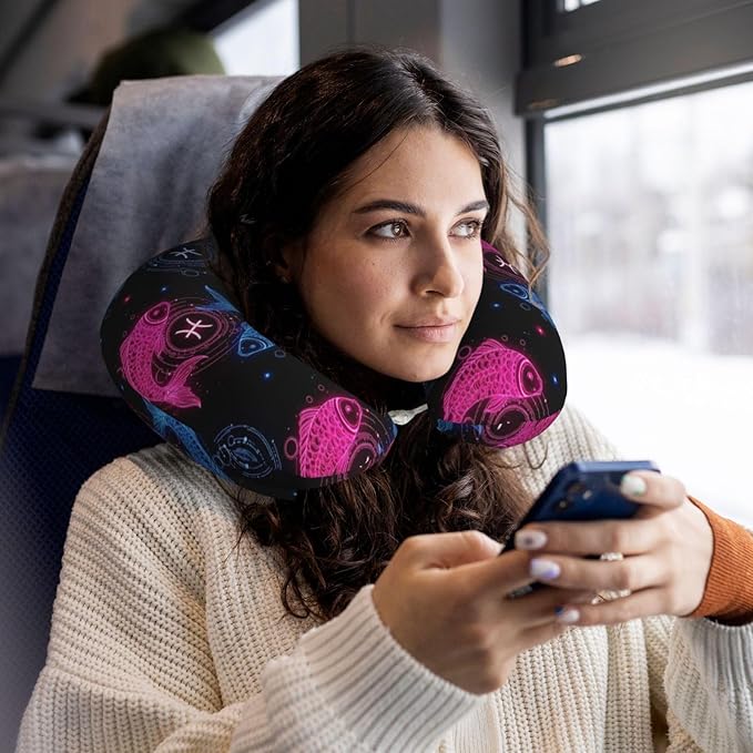 Neck Travel Pillow, Women Men Washable Airplane Car Pillows Neon Fish Zodiac Pisces, Head Support Rest U Shaped Cushion Comfortable for Watching TV