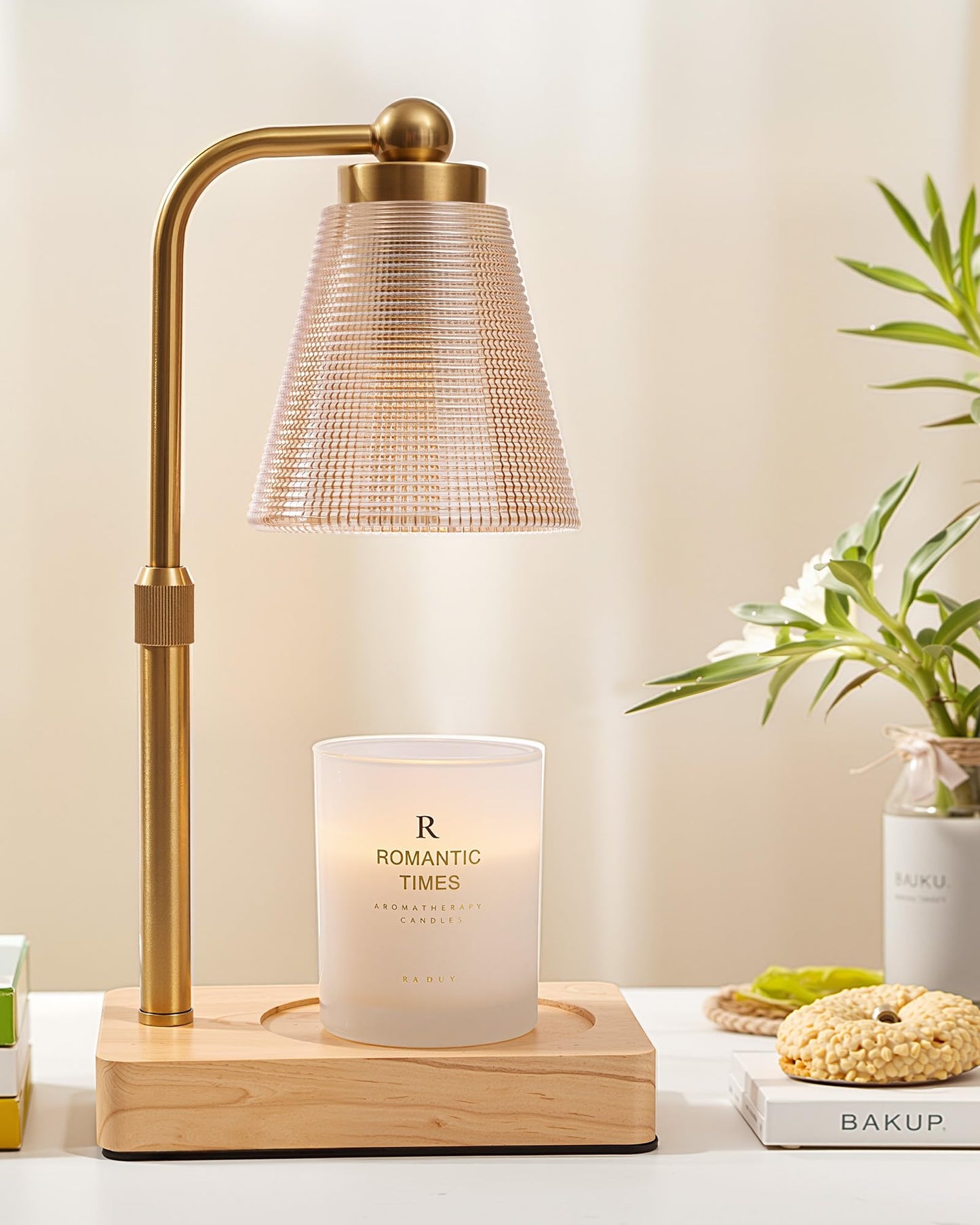 HONGZZI Candle Warmer Lamp with Timer - Adjustable Height & Brightness - Wood Base Glass Shade - 2 Bulbs Included(Square Gold)