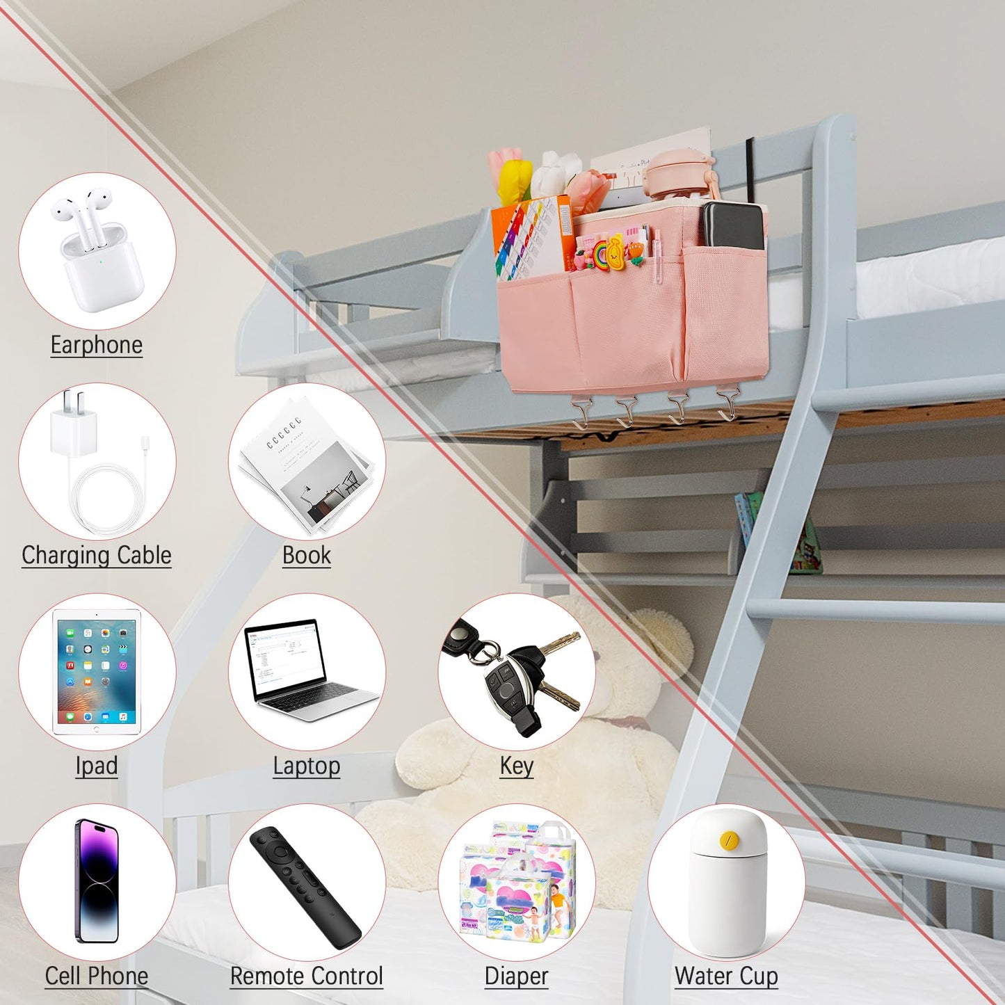 Frjjthchy Bedside Storage Organizer 5 Pockets with 4 Hooks Hanging Storage Bag for Headboards/Bunk Bed (Pink)