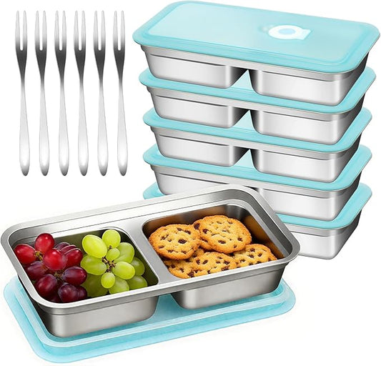 vovoyager Stainless Steel Snack Containers with Lids, Reusable Bento Lunch Container Box, Food Storage, Leak Proof, Dishwasher-Safe, Grab and Go for Work, 6 Pack (Double Compartment)