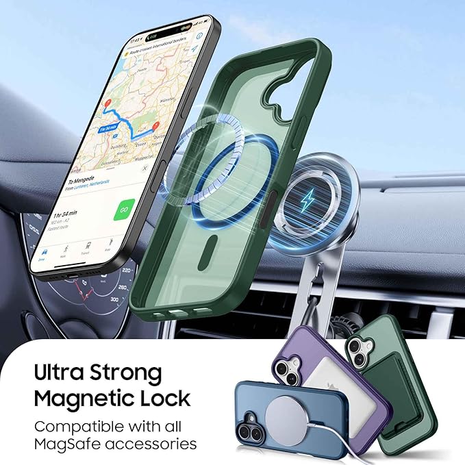 Ntwinro Magnetic for iPhone 16 Case (Compatible with MagSafe) with Detachable Wallet & Card Holder for 3 Cards [RFID Blocking] Military Grade Protective Slim Phone Cover, Green