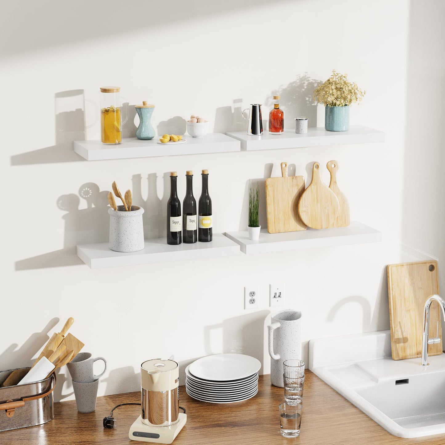 Bellsal Floating Shelves for Wall, White Engineered Wood Wall Shelf Set of 4, 16" Wall Mounted Floating Shelf for Kitchen, Living Room, Bedroom, Bathroom Storage, Book Shelf for Walls Home Decor