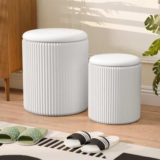 Trygoal Round Ottoman with Storage Set of 2, Breathable Cotton & 300LBS Engineered Wood Frame, Nesting Side Table with Blanket Storage, No Assembly Cozy Vanity Stools for Living Room, White