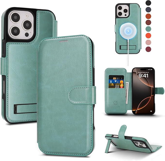 CIVICASE for iPhone 16 Pro Max Wallet Case with Stand,PU Leather Flip Credit Card Holder Slots (RFID Blocking),Compatible with Magsafe Magnetic Holder Phone Cover Women Men,Green