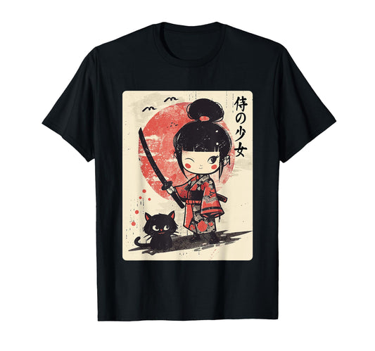 Cute Kawaii Samurai Girl with Katana & Cat Japanese Anime T-Shirt