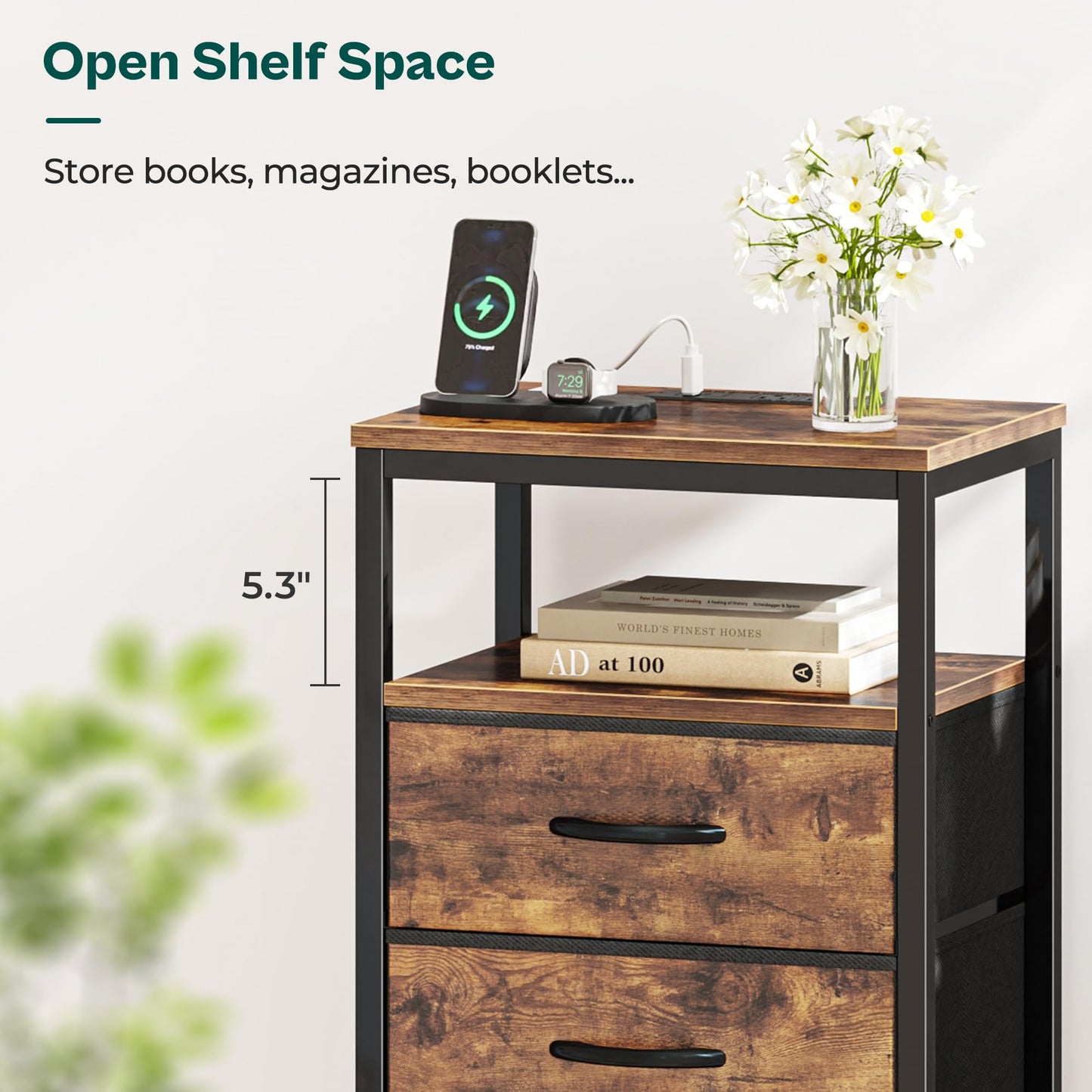 Huuger Nightstand with Charging Station, 27.6 Inch Bedside Table with Fabric Drawers, End Table with USB Ports and Outlets, Night Stand for Bedroom, Rustic Brown