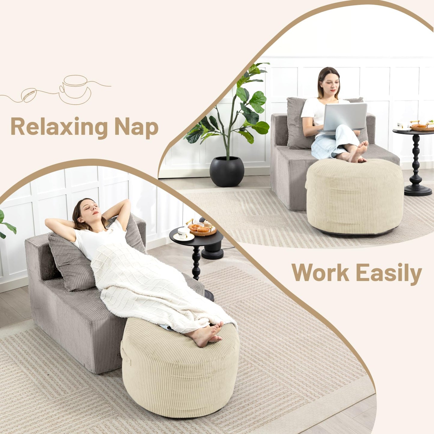 Manyday Round Stuffed Pouf Ottoman,Corduroy Foot Rest with Rebound Foam Filled, Furry and Fluffy Foot Stool Ottoman, Floor Poufs for Living Room (Beige, 20" D x 20" W x 15" H)