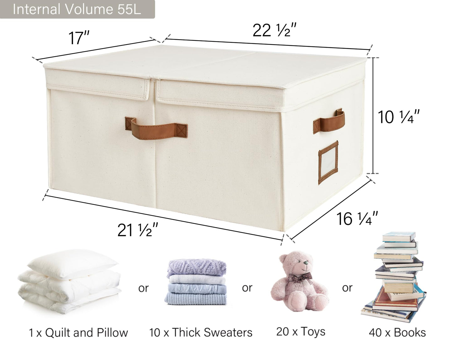 StorageWorks Extra Large Storage Bins with Double-Open Lid, 55L Fabric Baskets with Divider Board, Boxes for Clothes, Linen Closet Organizers with Handles, Ivory White, 2-Pack
