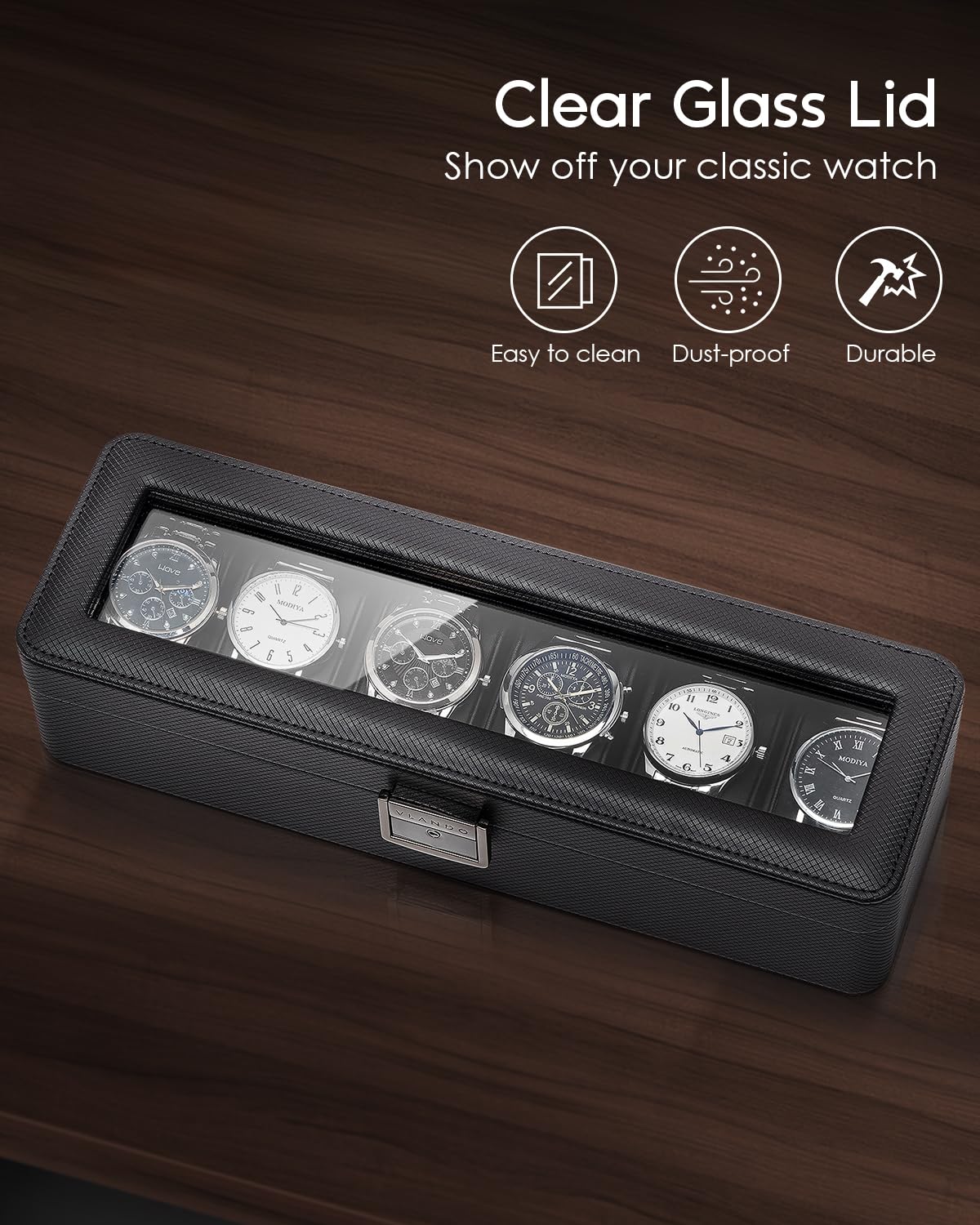 VLANDO 6-Slot Watch Case for Men, Watch Box with Glass Lid, Lockable Watch Holder, Business Textured Leather Organizer Display Case, Soft Pillow, Gifts for Fathers, Dad, Husband, Valentines - Black
